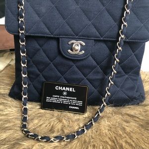 Vintage CHANEL Navy Jersey Double Flap Shoulder